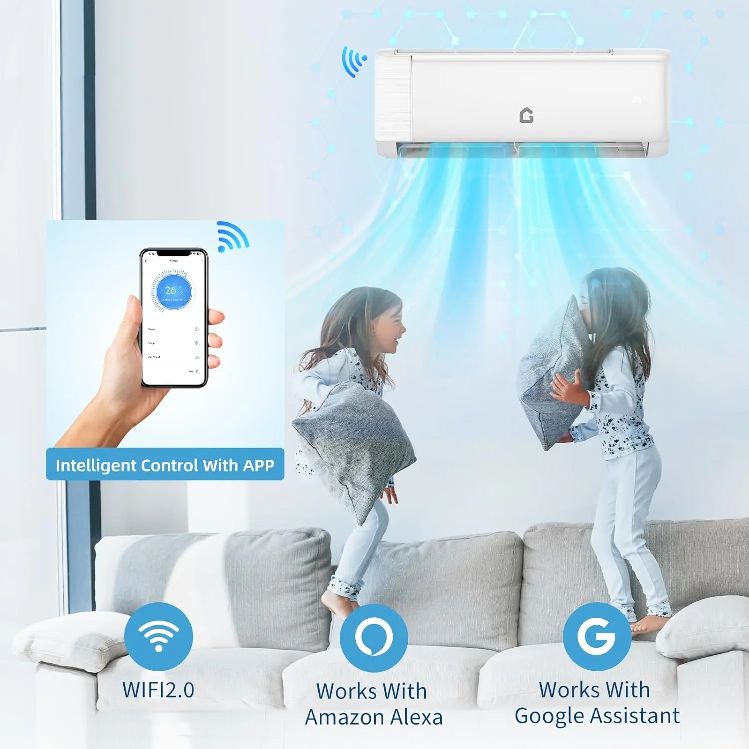 12000 BTU Inverter Window Air Conditioner - 115V Plug WiFi Cooler Heater, SEER2 Rated 22 Energy Saver, 32 Decibels Copper Unit, Alexa Compatible White Large Household Appliance, Inverter Aircon