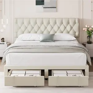 Full Size Upholstered Platform Bed Frame with Storage Drawers Mattress Foundation with Solid Wooden Slats No Box Spring Needed Beige