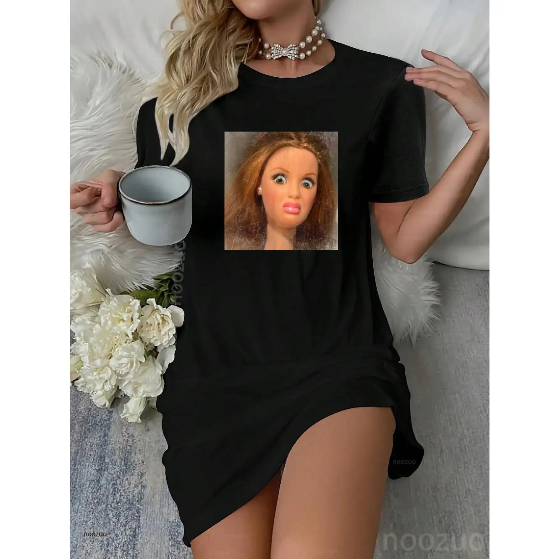 Women's Vintage Graphic T-Shirt Dress - Short Sleeve, Funny Meme Doll Face Print, Cute Cartoon Design, Halloween Wear, Casual Streetwear with Whimsical Attitude