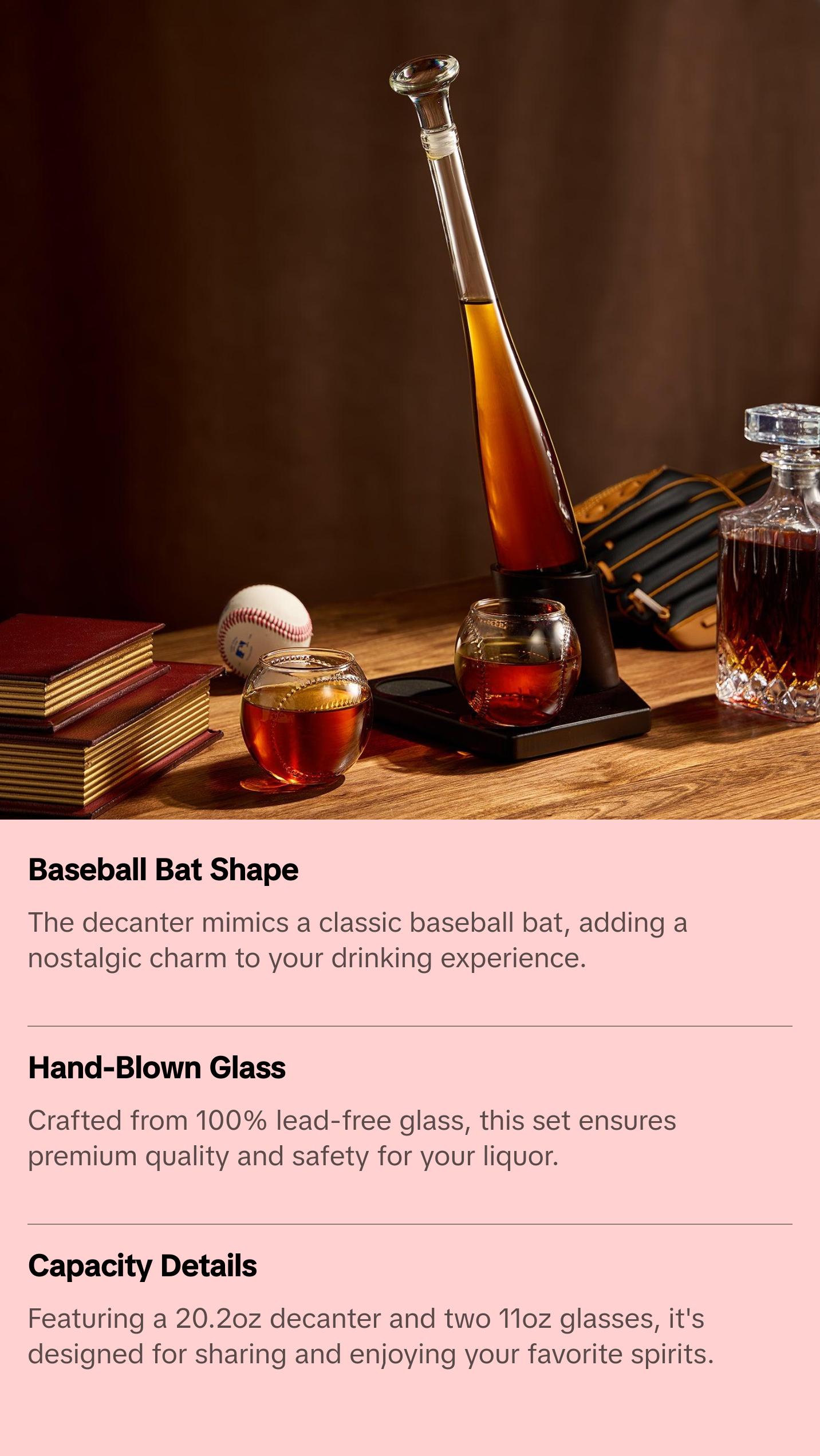 Baseball Themed Whiskey Decanter Set - 20Oz Bat Shaped Decanter with 2 11OZ Glasses, Perfect Birthday Gift for Men, Brothers, Boyfriends, Coaches – Ideal for Liquor, Tequila and Bourbon with Gift Box