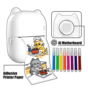 Mini AI Kids Interactive Printer Toy, Portable Label Printer, Sticker Maker for Kids Gift, Built-in ChatGPT Toy (with APP, Regular＆Adhesive Printing Paper, Type-C Cable and DIY Watercolor Pen)
