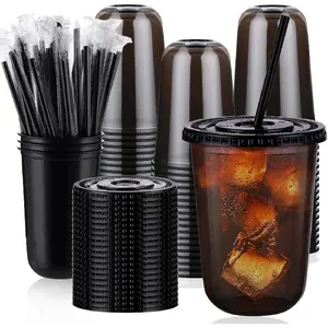 Valentine's Day 100 Set 16oz Plastic Cups with Lids and Straws, Disposable Black Clear Iced Coffee Cup with Lid, Round Bottom Plastic To Go Cups for Cold Drinks Slushie Smoothie Halloween Party Shop Supplies