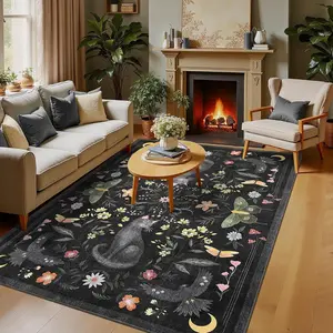 Cat Area Rug Black Washable Rugs for Living Room Bedroom, Soft Mushroom Floral Low Pile Non Slip Floor Mat Animal Print Throw Rug Indoor Carpet for Dorm Playroom Gothic Decor