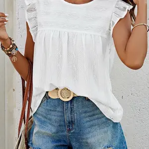 PRETTYGARDEN Women's Summer Cute Tank Top Crewneck Ruffle Sleeveless Hollow Out Eyelet Lace Spring Blouse Shirts 2XX