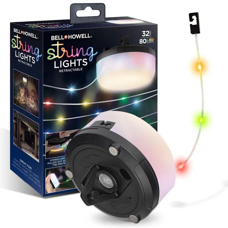 32' Holiday String Lights - Retractable USB-C Rechargeable , 80 LED Color-Changing, Magnetic Base, Flashlight, Built-in Hook, IP65 Water-Resistant for Camping, Indoor & Outdoor Use