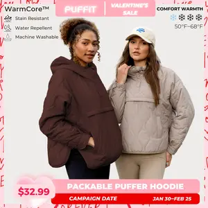 PUFFIT WarmCore Premium Women's Packable Baggy Fall Puffer Hoodie Coat Comfortable Quilted Lightweight & Warm Womenswear Water Repellent and Stain-Resistant Machine Washable Jacket Outerwear with Large Pocket Daily Wear #FallFreshness,Plus Size Fit