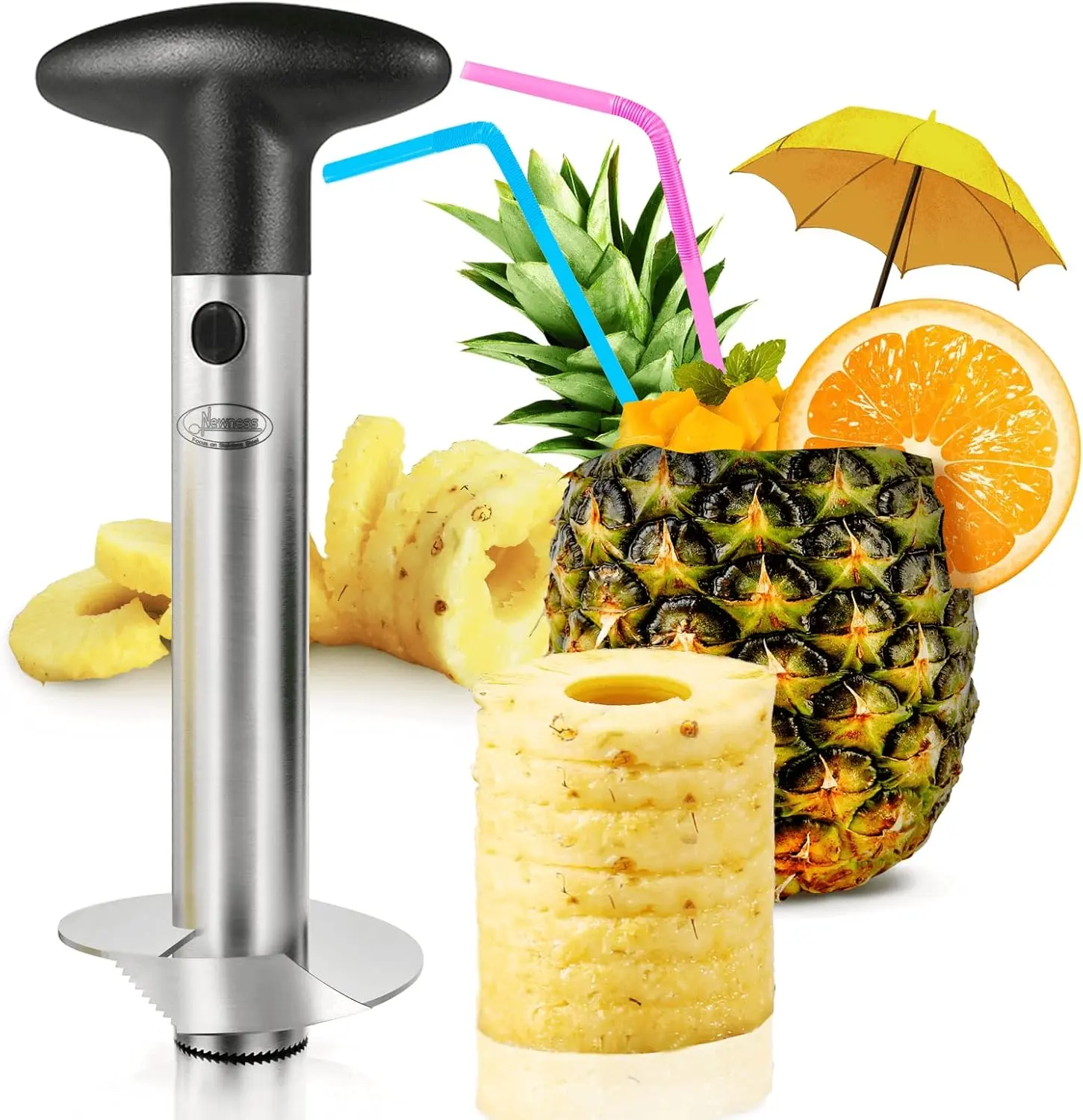 Stainless Steel Kitchen Pineapple Corer and Slicer - Portable, Lightweight, Detachable Heavy-Duty Fruit Utensil with Sharp Reinforced Blade, Ergonomic Handle, Eye Removal Function - Black