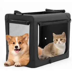 24/30/36/42 Inch Foldable Soft Dog Crate, Portable Pet Carrier with Washable Pad & Storage Bag, 3 Mesh Doors Travel Dog Kennel for Small Medium Large Dogs, Black/Grey