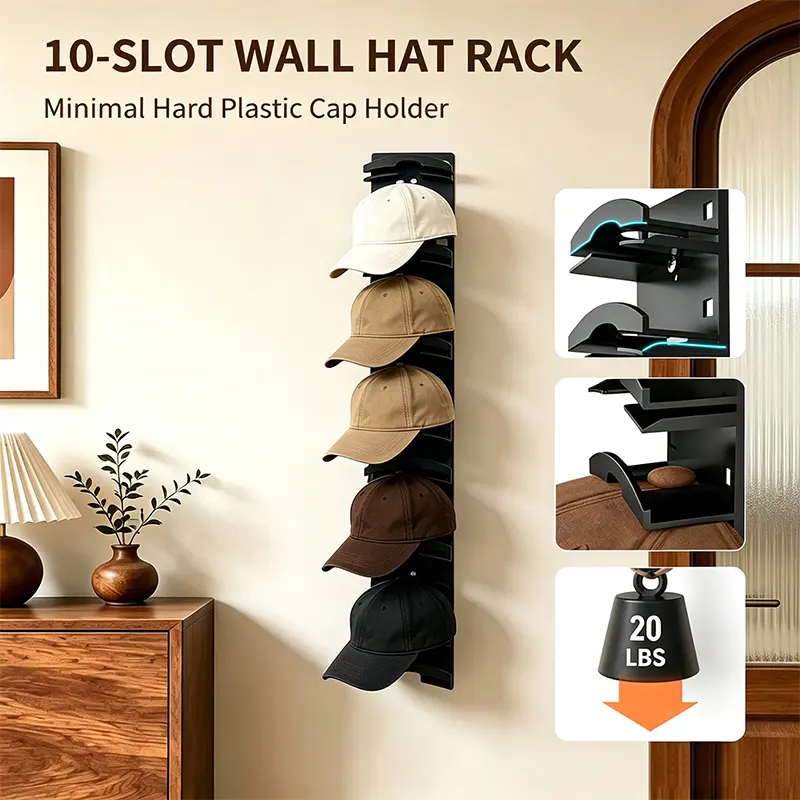 10-Slot Minimalist Plastic Wall-Mounted Hat Rack Shelves, Baseball Cap Holder Organizer for Closet, Bedroom Space-Saving Storage Solution