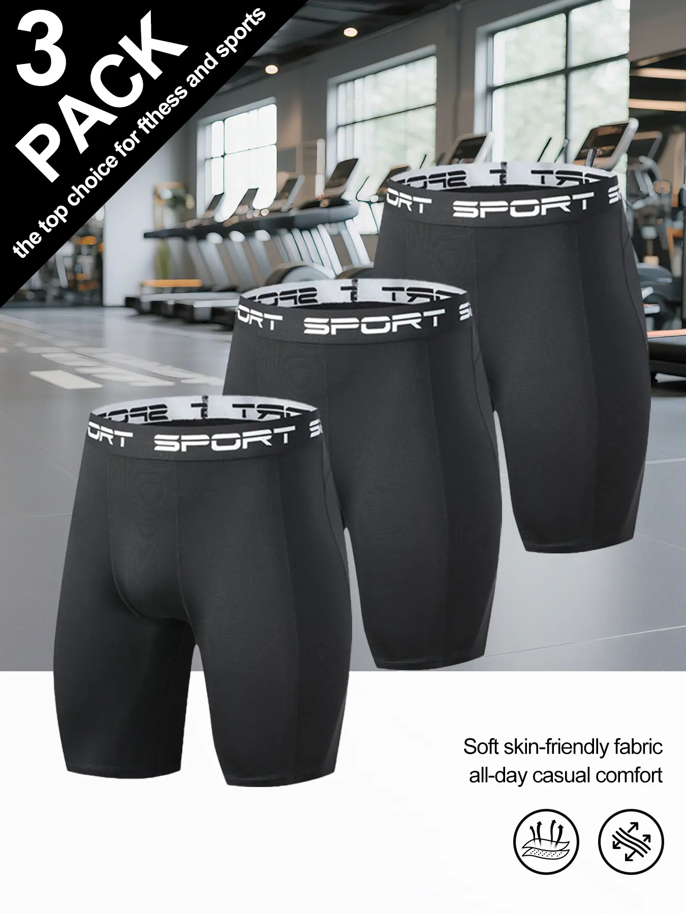 3 Pack Men’s Sport Compression Shorts, Soft Skin-Friendly Quick Dry Athletic Underwear, High Elastic Workout Base Layer Shorts for Gym Running Training Fitness Daily Casual Wear