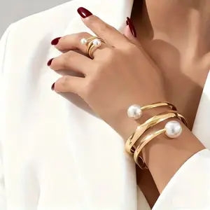 New Jewelry Set, Cool & Individual Irregular Line Open Bangle & Ring, Vintage Faux Pearl Accessories,INS Style