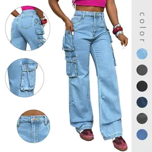 Women High Waisted Wide Leg Cargo Jeans Streetwear Denim Pants with Utility Pockets