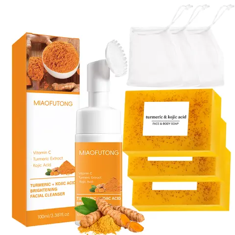 Adults' 2-Piece Nontoxic Turmeric Extract Face Care Set (300g) – Set Includes Both Foam Cleansing Mousse, Lemon Kojic Acid Brightening Soap; Gentle Exfoliate, Dark Spot Care, Hyperpigmentation Treatment, All Skin Types Morning Routine Gift