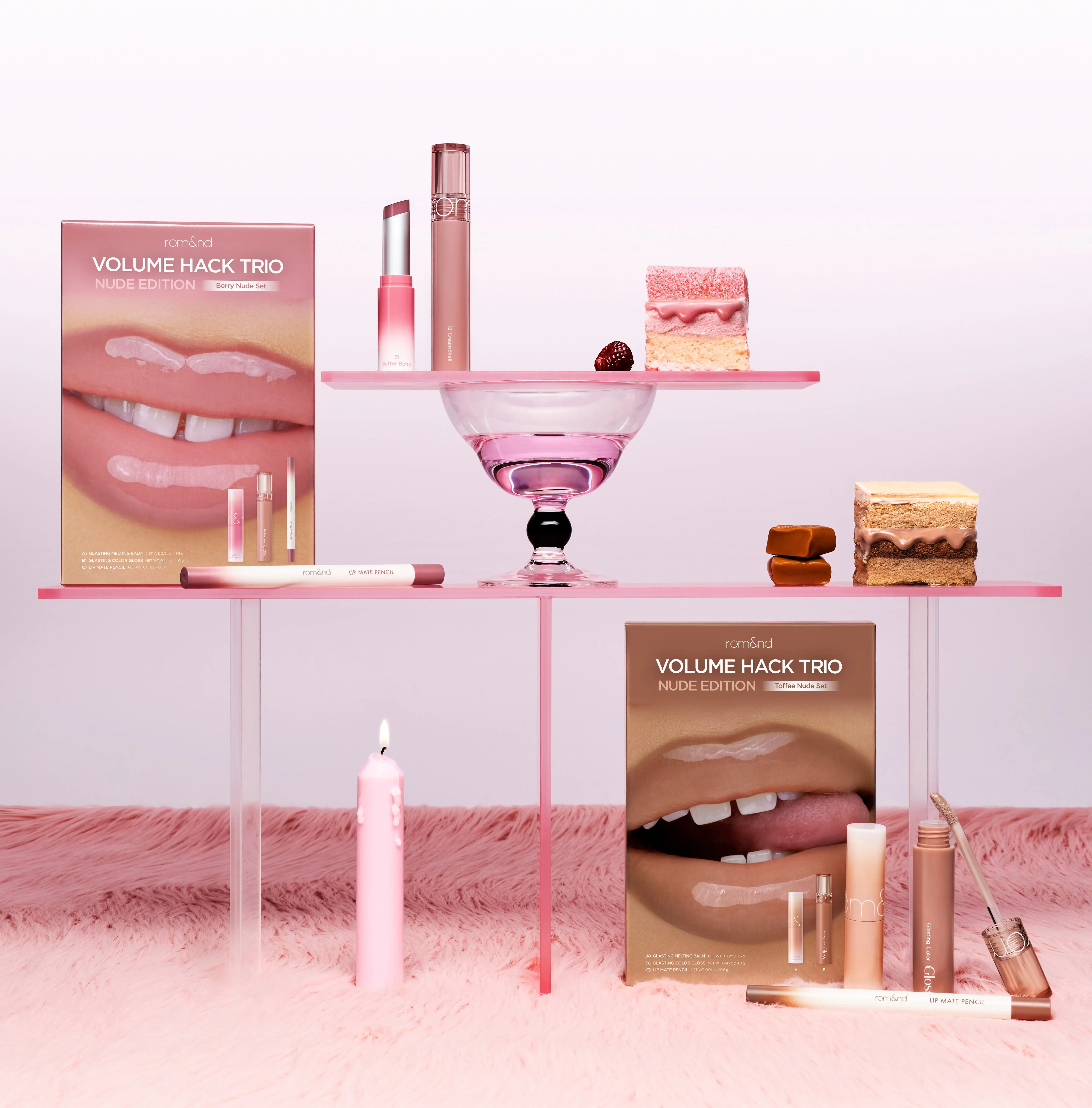 [Lip Reshaping, 3D Lip Volume] rom&nd Lip Volume Hack Trio Nude Edition – Soft Nude Overlip Set, Lip Pencil + Melting Balm + Color Gloss (2 Shades)