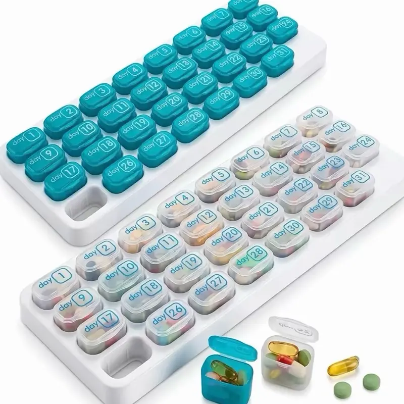 2 pics Monthly Pill Organizer with Lid - Arthritis-Friendly Easy-Open Lids 31 Removable Daily Pill Pods Date Reminder & Travel Case for Vitamins & Medications (AM PM)