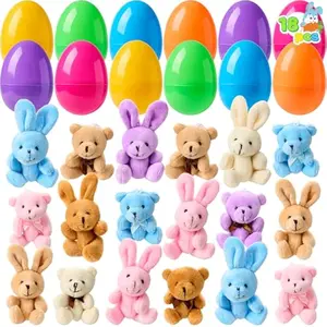 18 Pcs Prefilled Easter Eggs with Plush Animals, Eggs with Plush Bunnies & Bears, Basket Stuffers for Girls, Party Favors for Kids, Classroom Prizes Supplies
