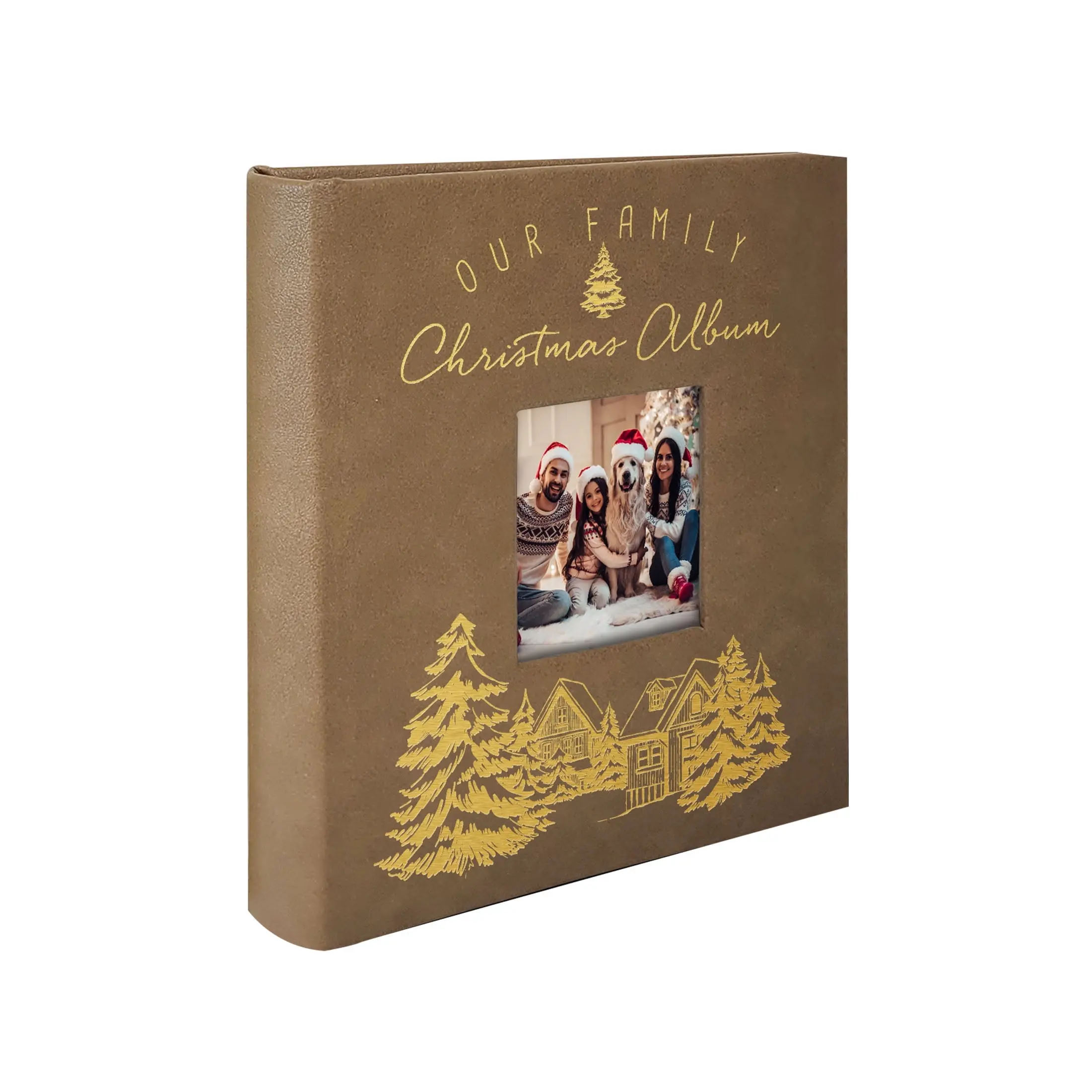 Our Family Christmas Brown Photo Album with Gold Foil Tree Design â€“ Personalized Leather Holiday Picture Book Keepsake