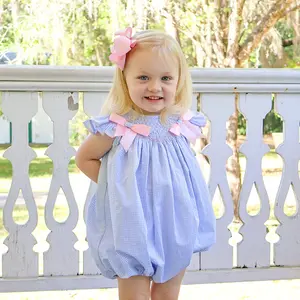Spring In Blue Seersucker Smocked Bow Bubble - Sweet Outfit for Baby & Toddler Girls