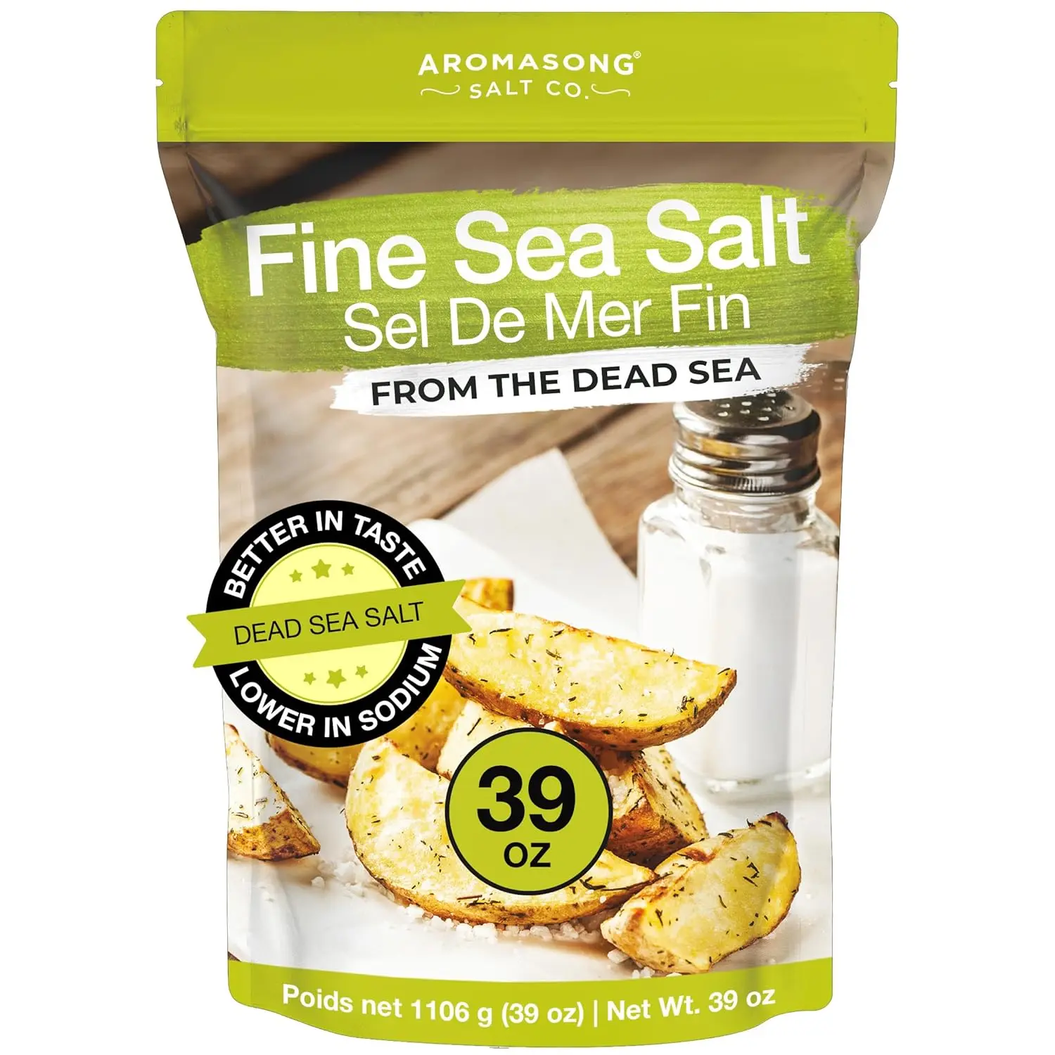 Aromasong Certified Organic Dead Sea Fine Grain Unrefined Mineral-Rich Salt - 2.43 lbs Lower Sodium Table Salt with Natural Ingredients, Savory Flavor, 500g Option, Resealable Bag (Yes for Certified Organic)