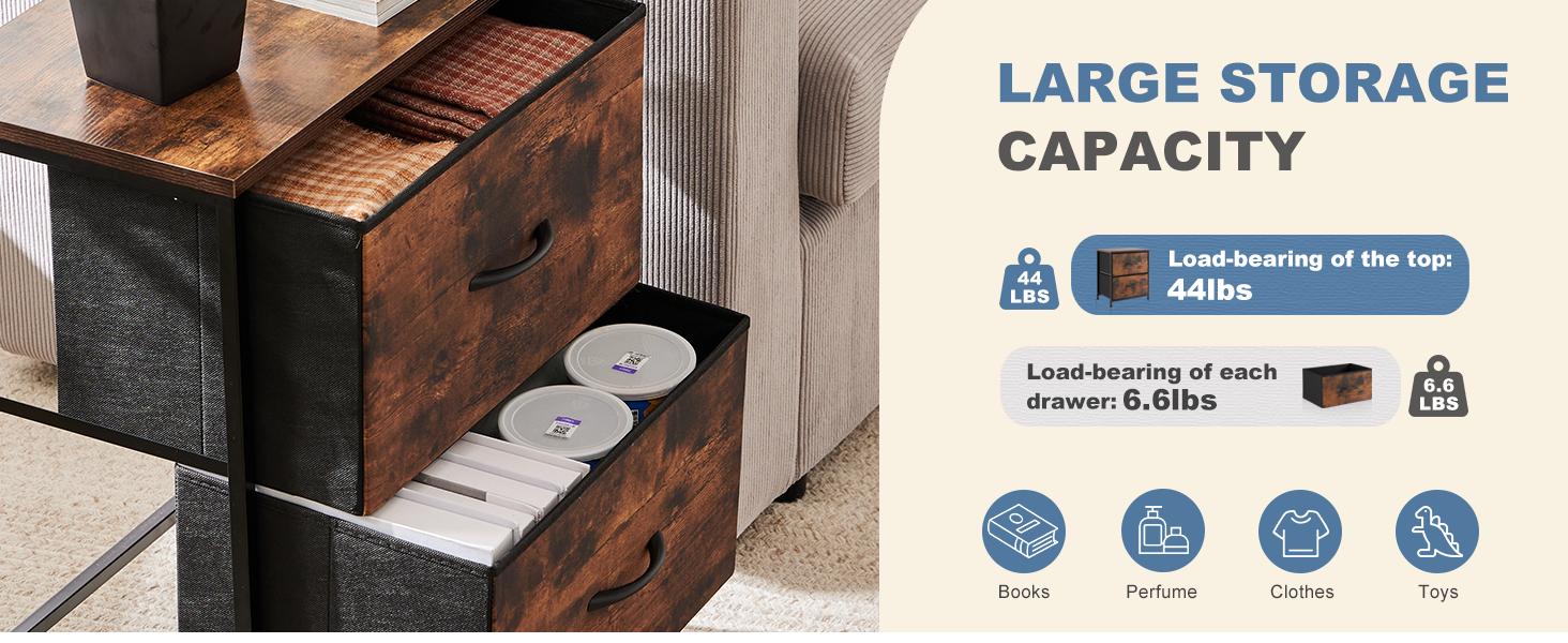 Nightstand with 2 Fabric Drawers, Tall Nightstand, Dresser,  End Table, Bedside Table, Bedroom Furniture for Living Room, Entryway, Nursery, Closet