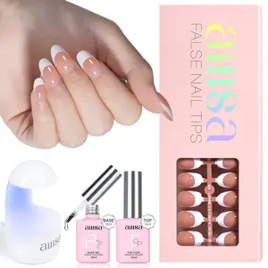 Aillsa Short Oval French Tip Nails Set - 180pcs Classic Nude Soft Gel Nail Tips in 15 sizes, Mini UV Lamp, Base and Top coat, Easy to Wear Soak Off Acrylic Fake Nails Extensions DIY press Nail Art at home  Birthday Gift For Women gel nail nail glue Polish