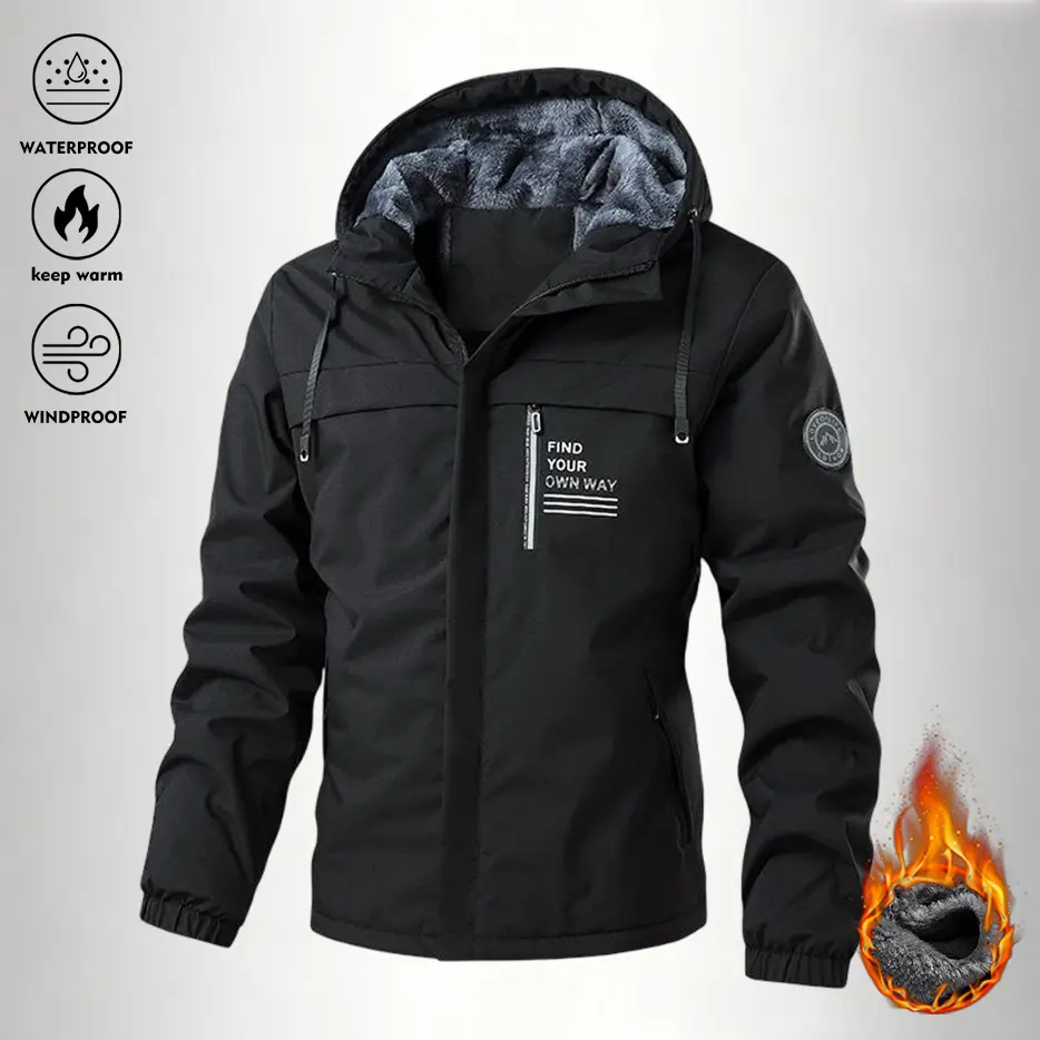 Men's Cozy Fleece-Lined Outdoor Jacket - Thick, Versatile, Zip-Up, Hooded Coat with Hood Adds Sporty Style for Autumn Winter Casual Wear