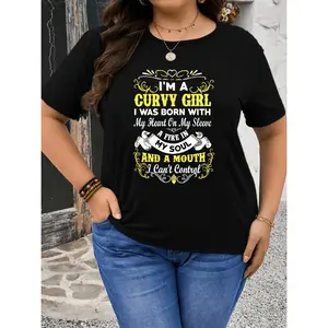 Women's Plus Size T shirt Featuring English Letter Print for Curvy Girls