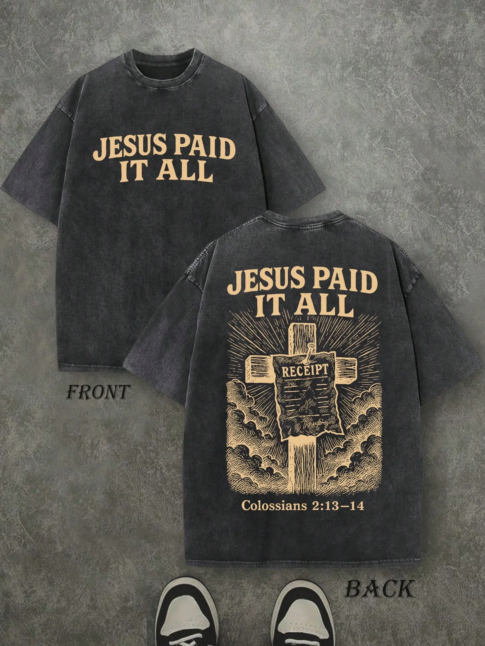 Vintage Jesus Paid It All Christian T‑Shirt, Cross Receipt Colossians 2:13‑14 Washed Black Cotton Oversized Short Sleeve Tee, Retro Faith‑Based Casual Crewneck Shirt with Front & Back Print