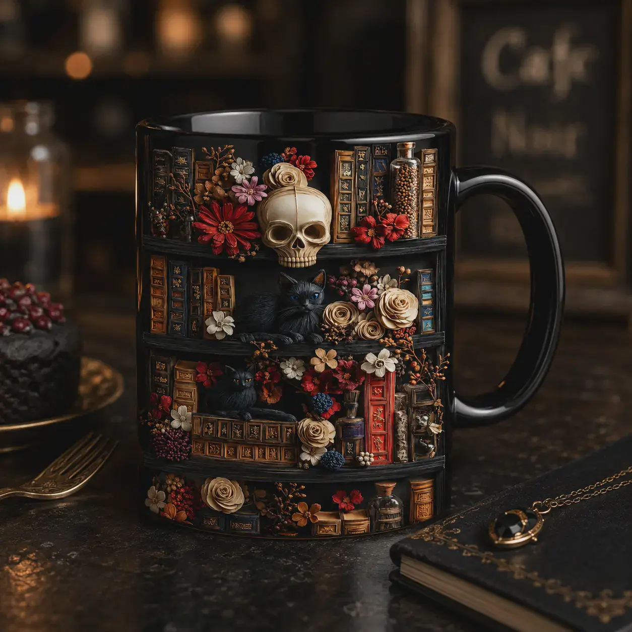 3D EFFECT Black Cat Library Mug, Gothic Bookshelf Skull Flower Coffee Cup Dark Academia Book Lover Halloween Gift Ceramic Mug