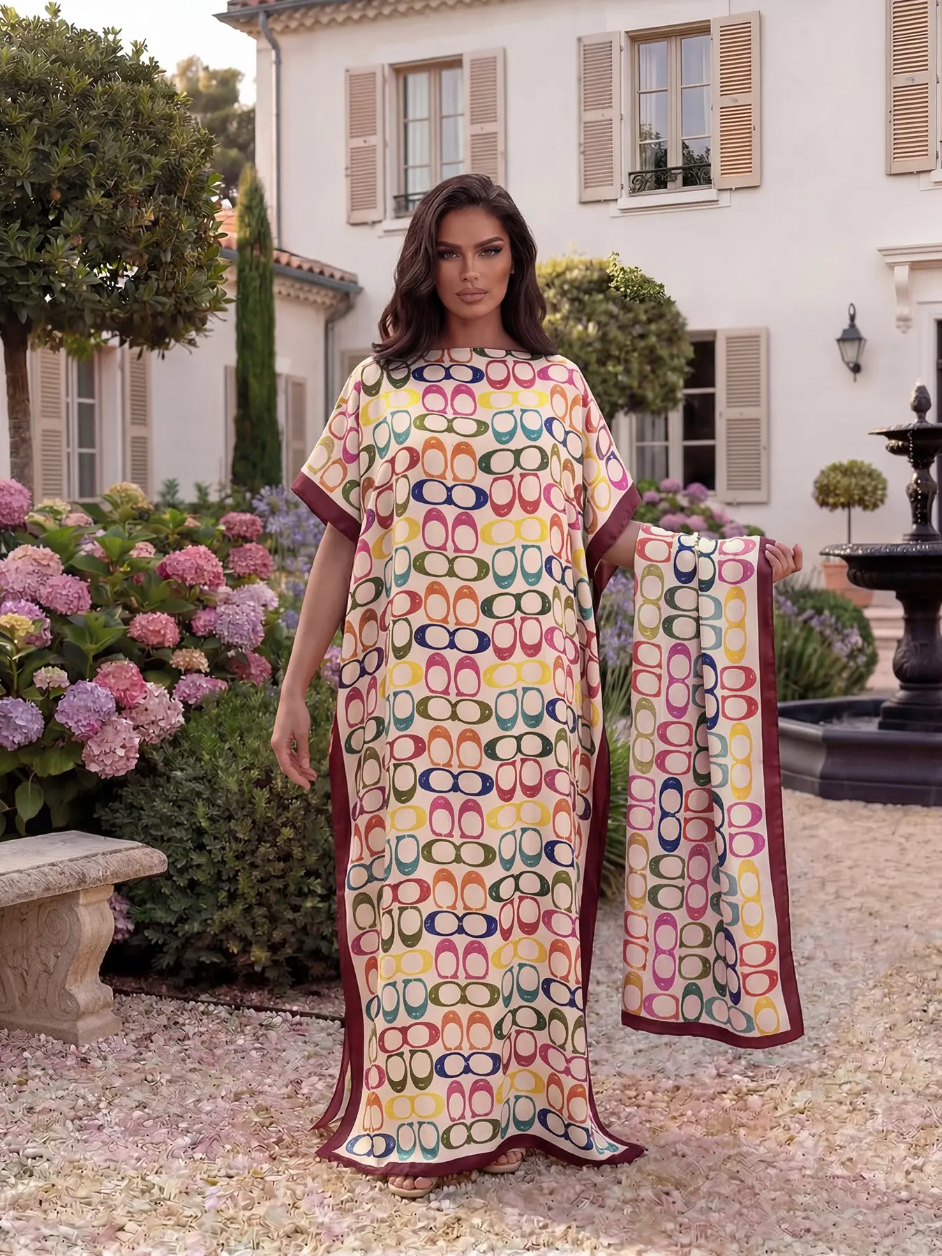 Women's Elegant Chic Geometric Print Robe Set, Casual Fitted Long Dress & Scarf, Beach Resort Wear Sun Protection Satin Matching Set Shawl