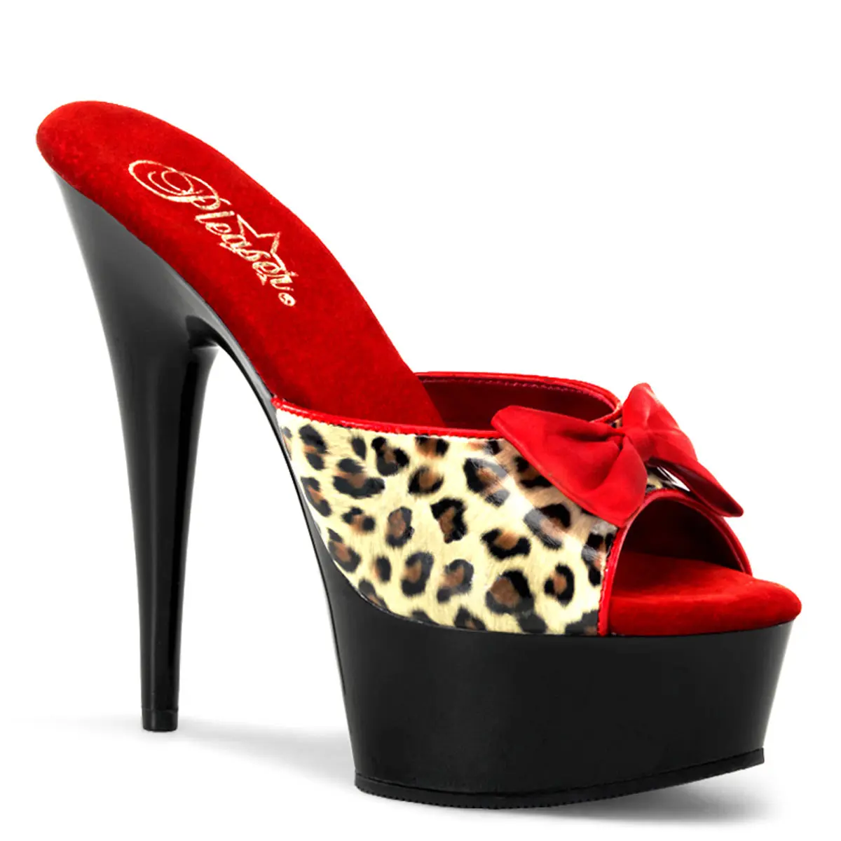 Pleaser Delight-601-6 Women's Fashion Chic Classy Leopard Print Sandals, Peep Toe 6" Stiletto Platform Slides with Front Bowknot Design, Black High Heel Shoes