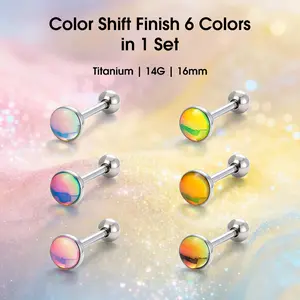 Titanium Tongue Ring Set 6-Pack with Colorful Electroplated Beads 16mm Bar 14G Lightweight Polished for Daily Wear