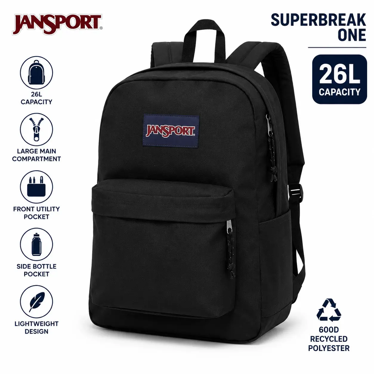 JanSport SuperBreak One Backpacks (Black, 17" x 12.5" x 6") | Durable, Lightweight Bookbag - Suitable for Students - Premium Class Accessories