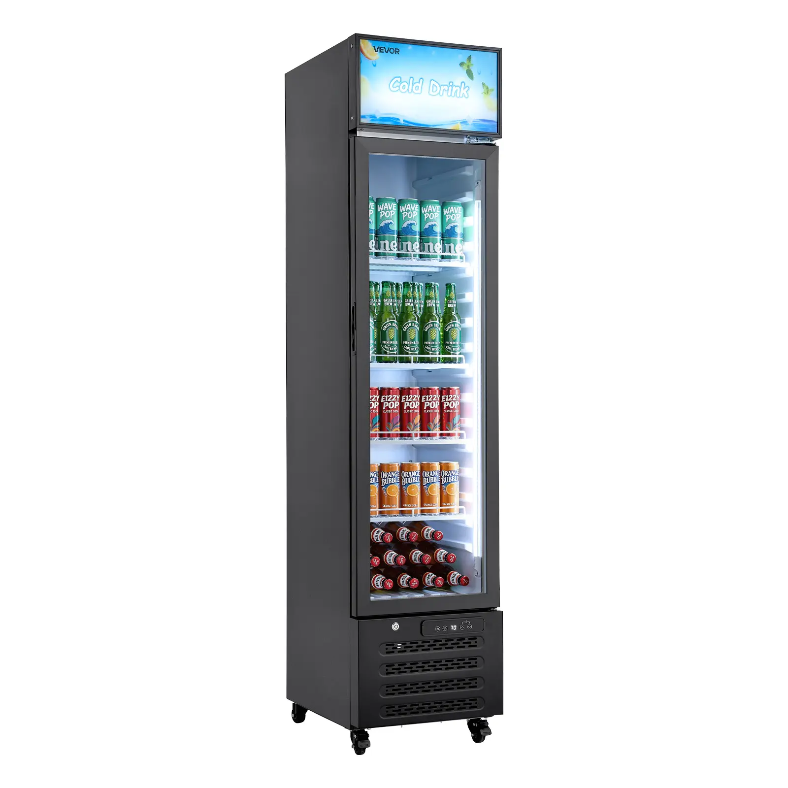 VEVOR Commercial Merchandiser Refrigerator, 7.5 Cu.Ft / 213 L Glass Door Display Refrigerator, Upright Beverage Cooler with Customizable Lightbox, 4 Adjustable Shelves & Soft LED Light for Homes Shops