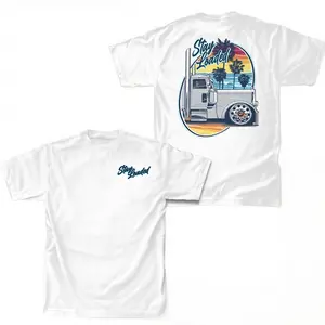 Men's 100% Cotton Classic Fit Tropical Casual Streetwear Sunset Palm Tree Trucker Tee - White, Menswear, Shortsleeve, Unisex, Cali Lowrider Beach Outfit Graphic Shirt