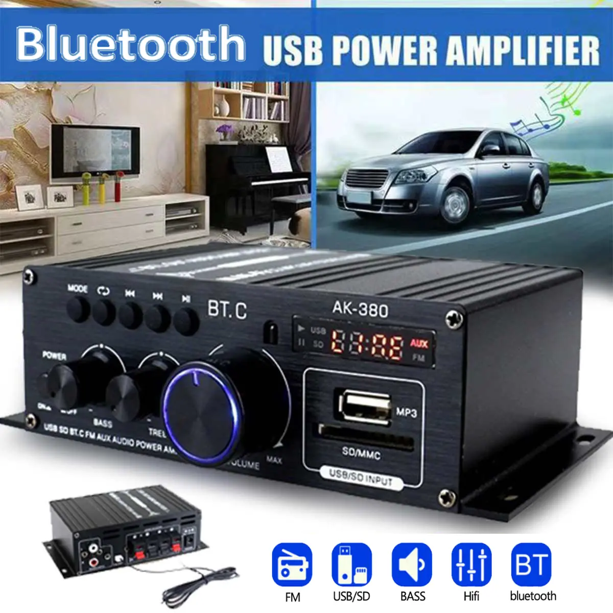 400W Mini Bluetooth HiFi Mini Amplifier – 2-Channel Stereo with FM, USB & Remote for Car Home  audio amplificador