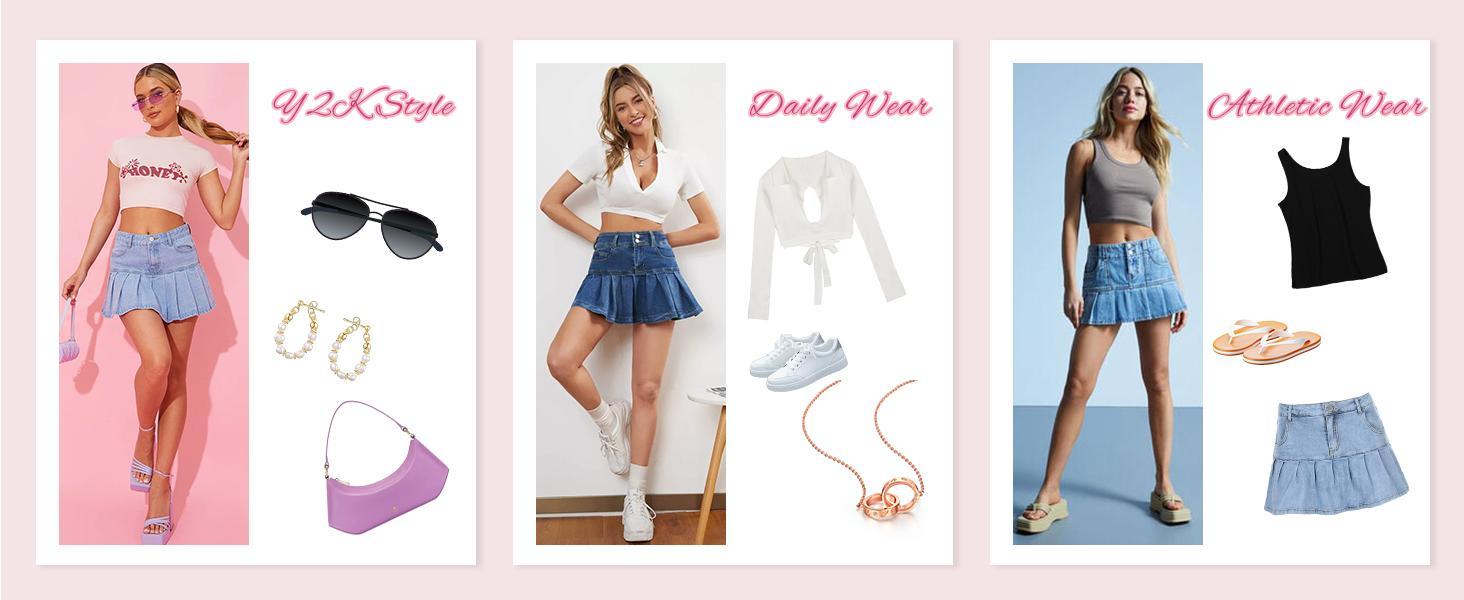 JovenPara Women's Short  Denim Skirt Slim A-line Pleated Ruffle Mini Jean Y2K Skirts with Built-in Shorts