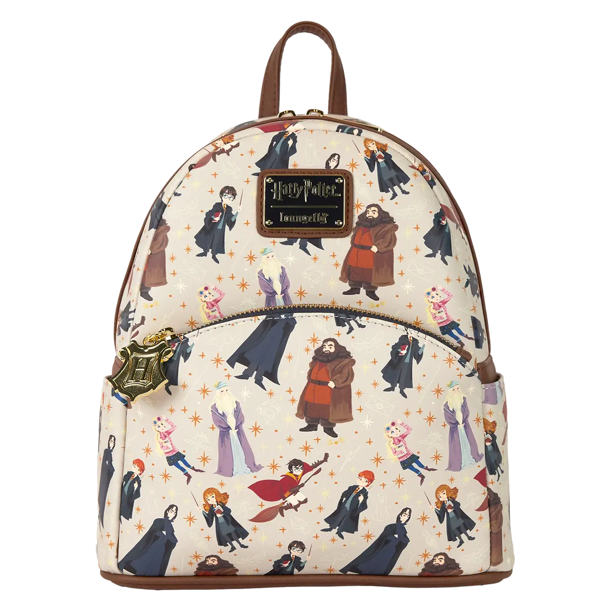 Loungefly Harry Potter Characters All-Over Print Vegan Leather Mini Backpack, Top Handle Bag with Adjustable Strap and Front Pocket, Vegan‑Easy Clean