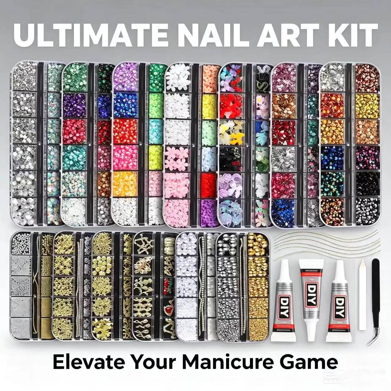 13-Piece Nail Art Manicure Kit, Nail Decoration Kits, Cross Heart Resin Flower Designs, DIY Accessories with Glue Tweezers, Nail Art Rhinestones 、 Flatback Crystals 、 with Adhesive Glue 、 Diamond Painting，Complete Set for Multiple Styles
