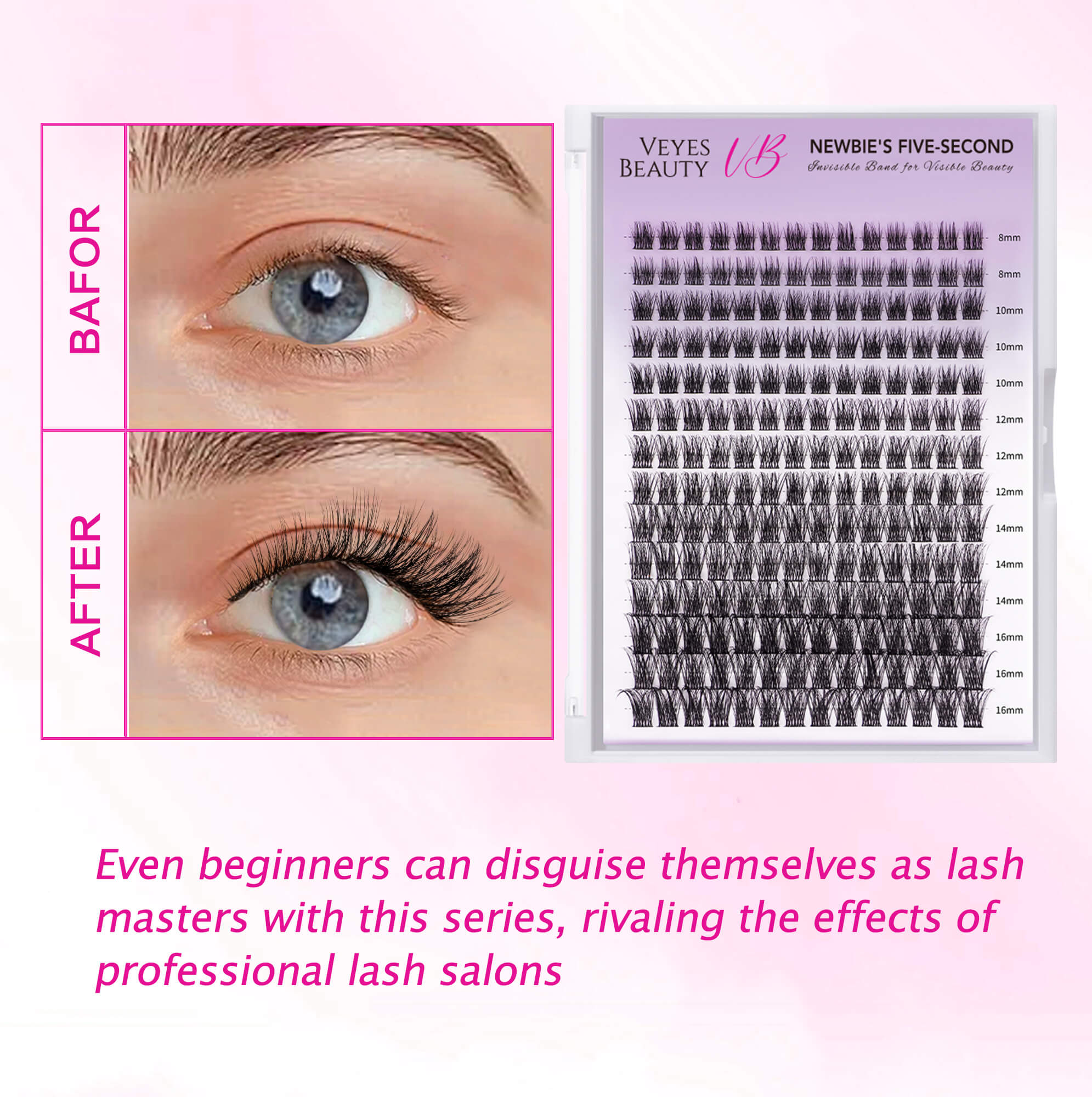VEYESBEAUTY Dreamy Cluster Lashes Kit Individual Lash Extensions With Bond & Seal+ Tweezer Newbie's Five-Second DIY Dramatic Volume Eyelash Wispy Faux Mink Lash Mixed Length Tray for Self Application at Home Makeup Cosmetic