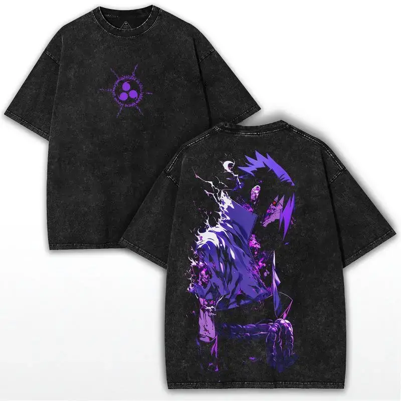 Unisex Sasuke Anime Graphic Top, Washed Streetwear Round Neck Tee in Super Soft 100% Cotton Fabric, Garment Dyed and Pre-Shrunk, Super Soft Cotton, Coffee‑To‑Event Tee