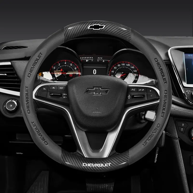 38cm Car Steering Wheel Cover, Carbon Fiber Leather, Fits Chevrolet Cruze, Captiva, Lacetti, Aveo, Niva, Spark, Sonic, Trax, Camaro, Suburba, Trailblazer, Montana, Corvette