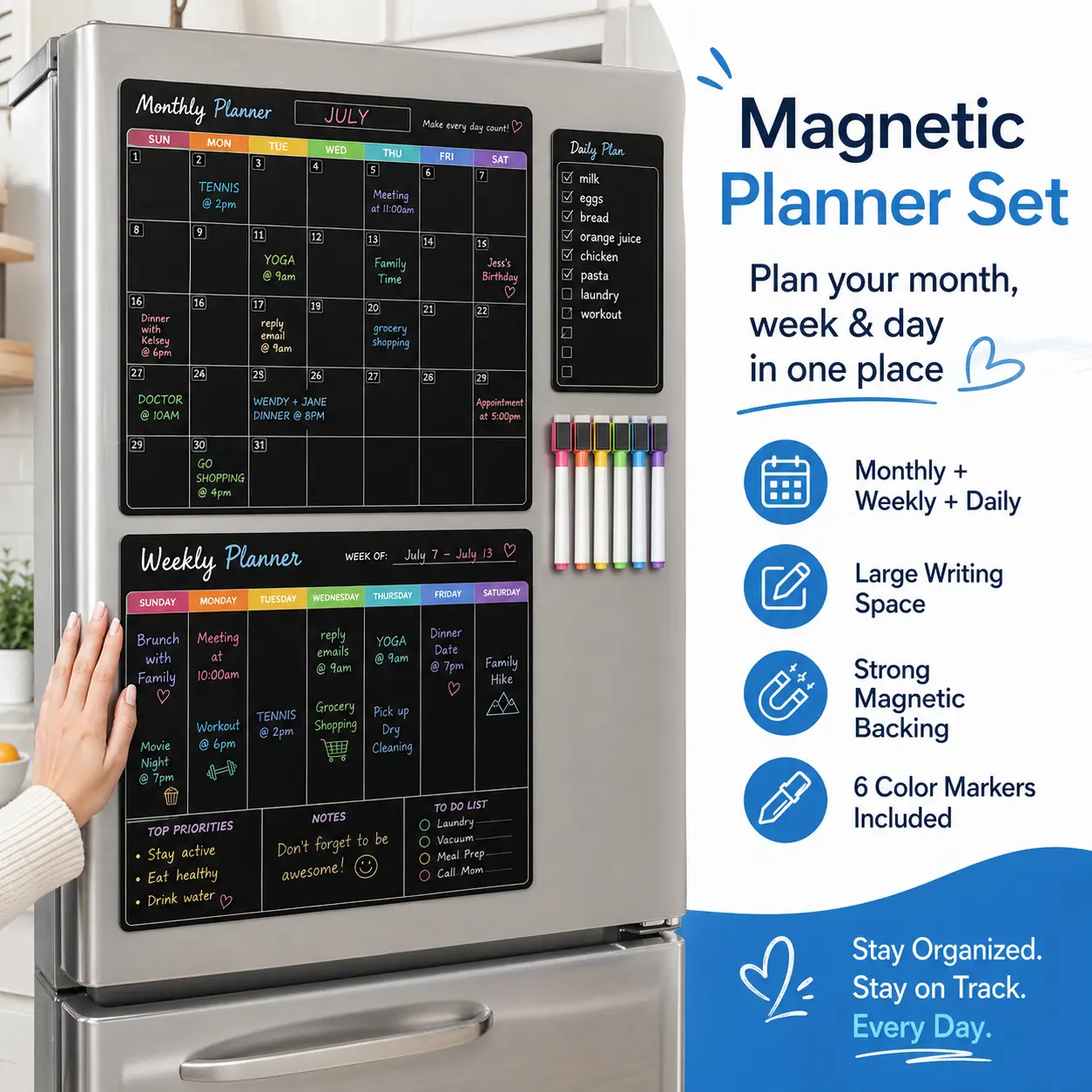 3-Piece Black Color-Coded Magnetic Dry Erase Board Office Organizer with Non-Slip Backing, Easy-to-Use Dry Erase Markers, Planner Notebook for Home Office Schedule Organization, Three Pieces