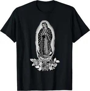 [100% Cotton] Black T-Shirt With Classic Our Lady Of Guadalupe Artwork And Floral Details