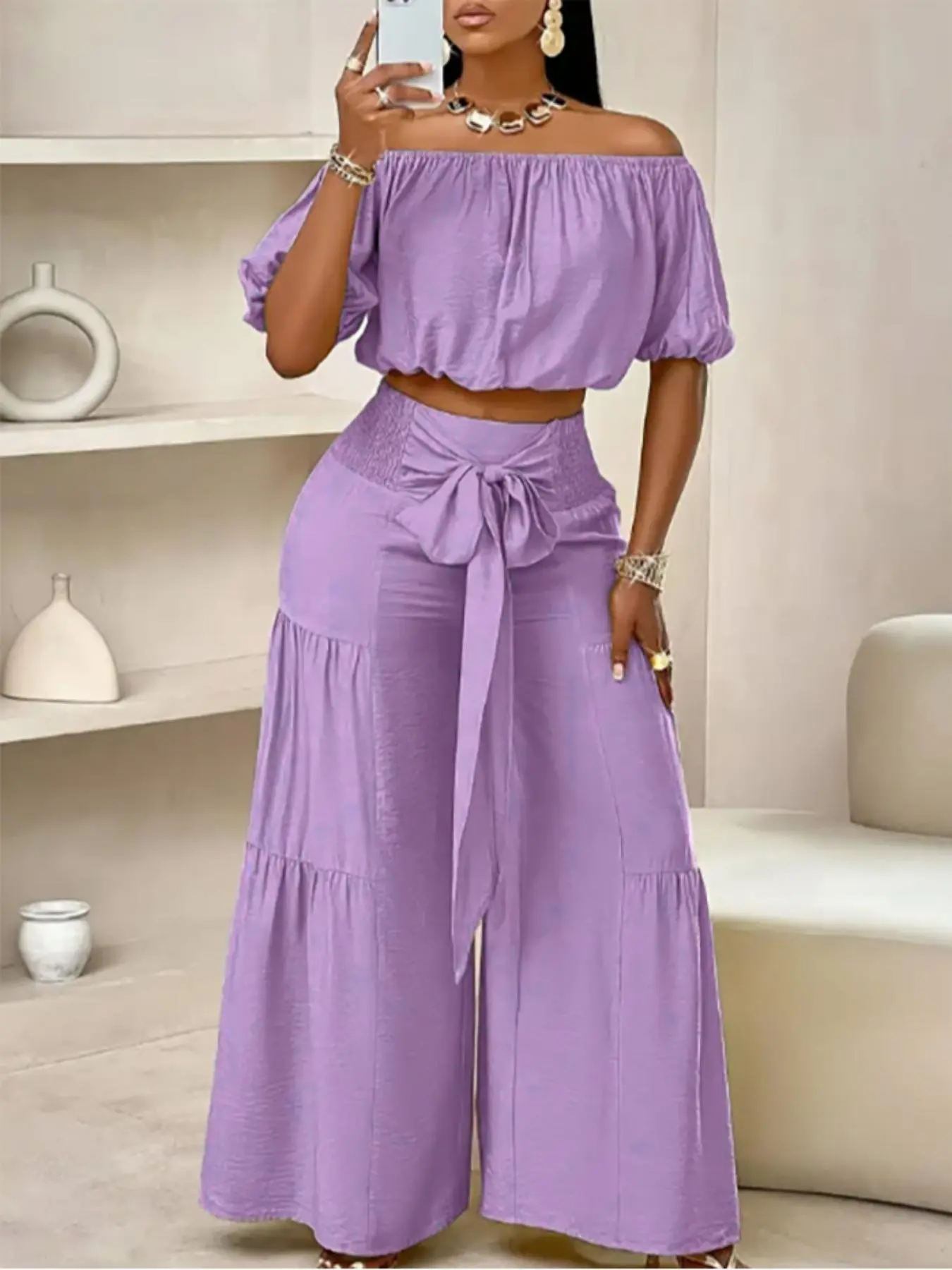 Two-piece Set Women's Solid Color Top & Wide Leg Pants Set, Womenswear, Fitted Casual Fashion Cozy Top & Trousers for Daily Outdoor Wear, Ladies Clothes for Summer, Casual Everyday Set