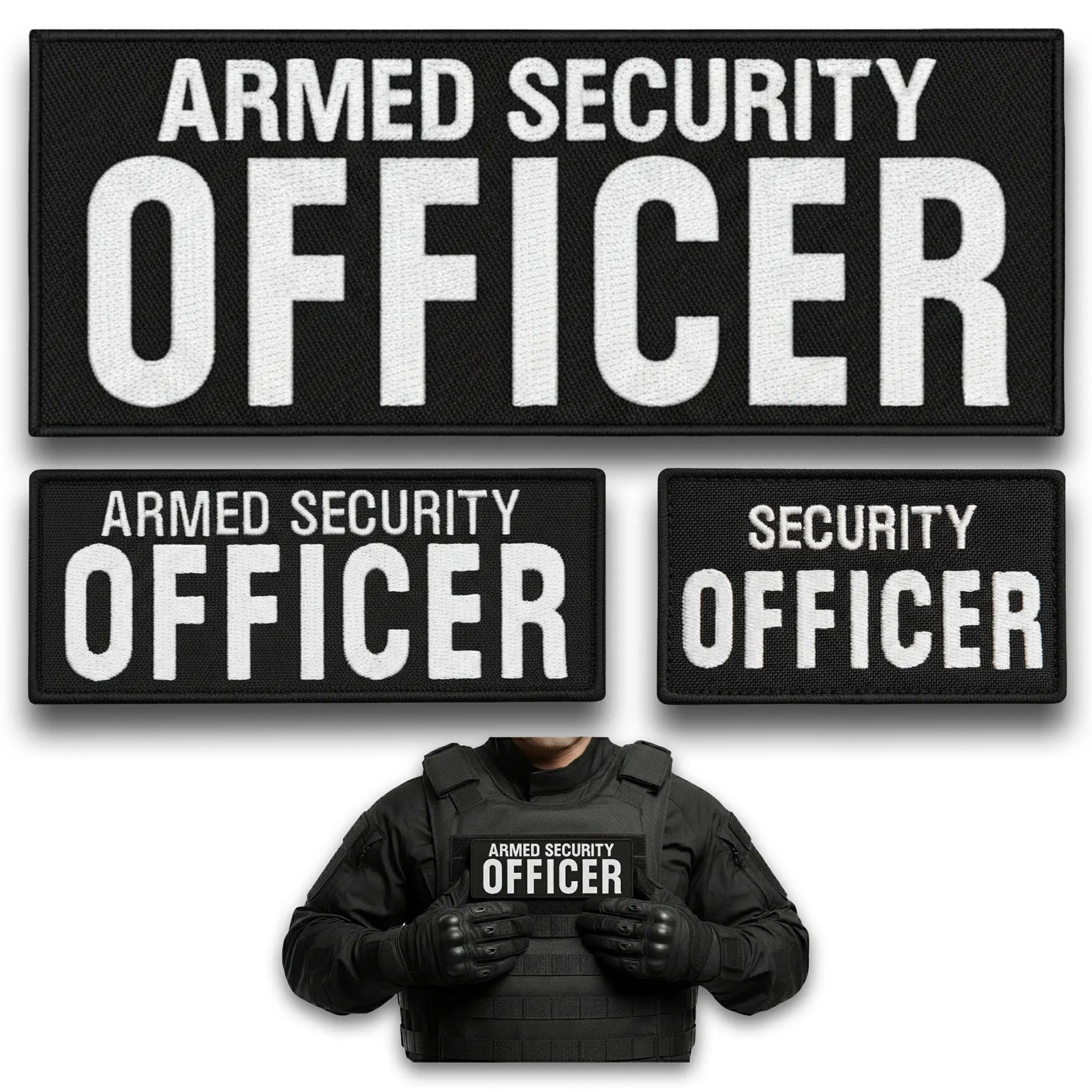 3Pcs Armed Security Officer Patch Set, Embroidered Armed Security Patch for Vest, Jacket, Uniform, Hat, Fits Security Vest for Security Guard, Hook and Loop Security Badge, Black