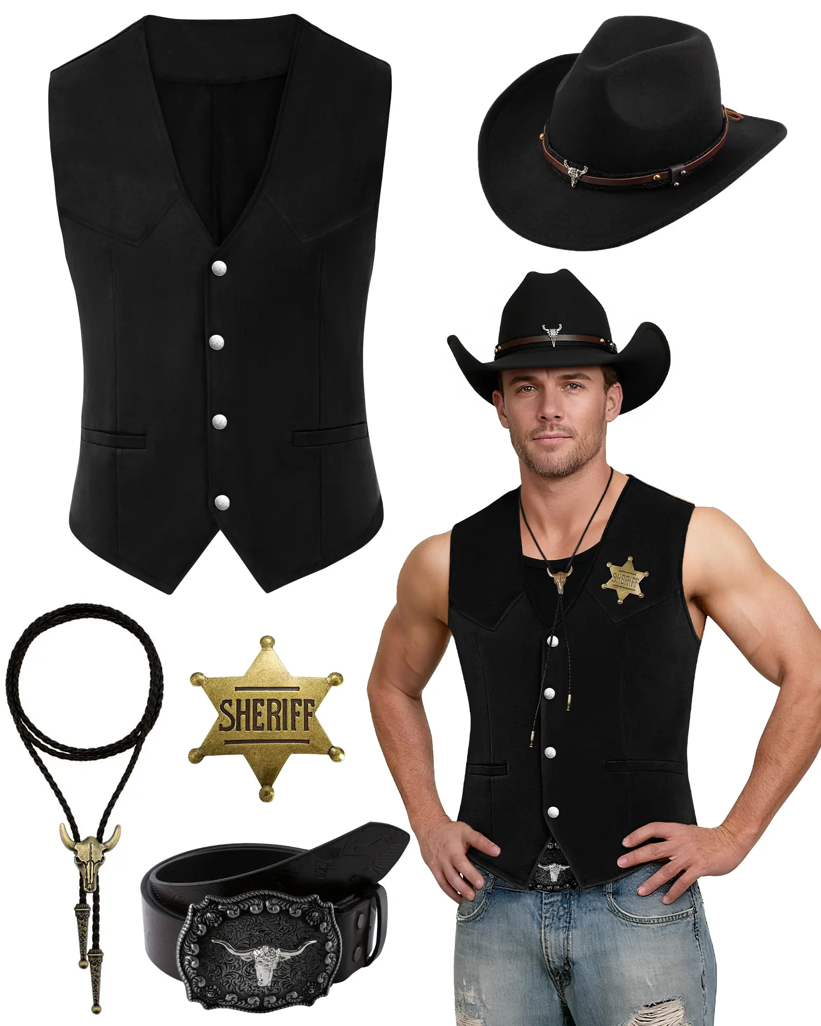 Men's Western Cowboy Sheriff Costume Set - Halloween Wild West Cosplay Clothes, Casual Suede Vest with Cowboy Hat, Leather Belt with Buckle, Satin Tie & Sheriff Badge