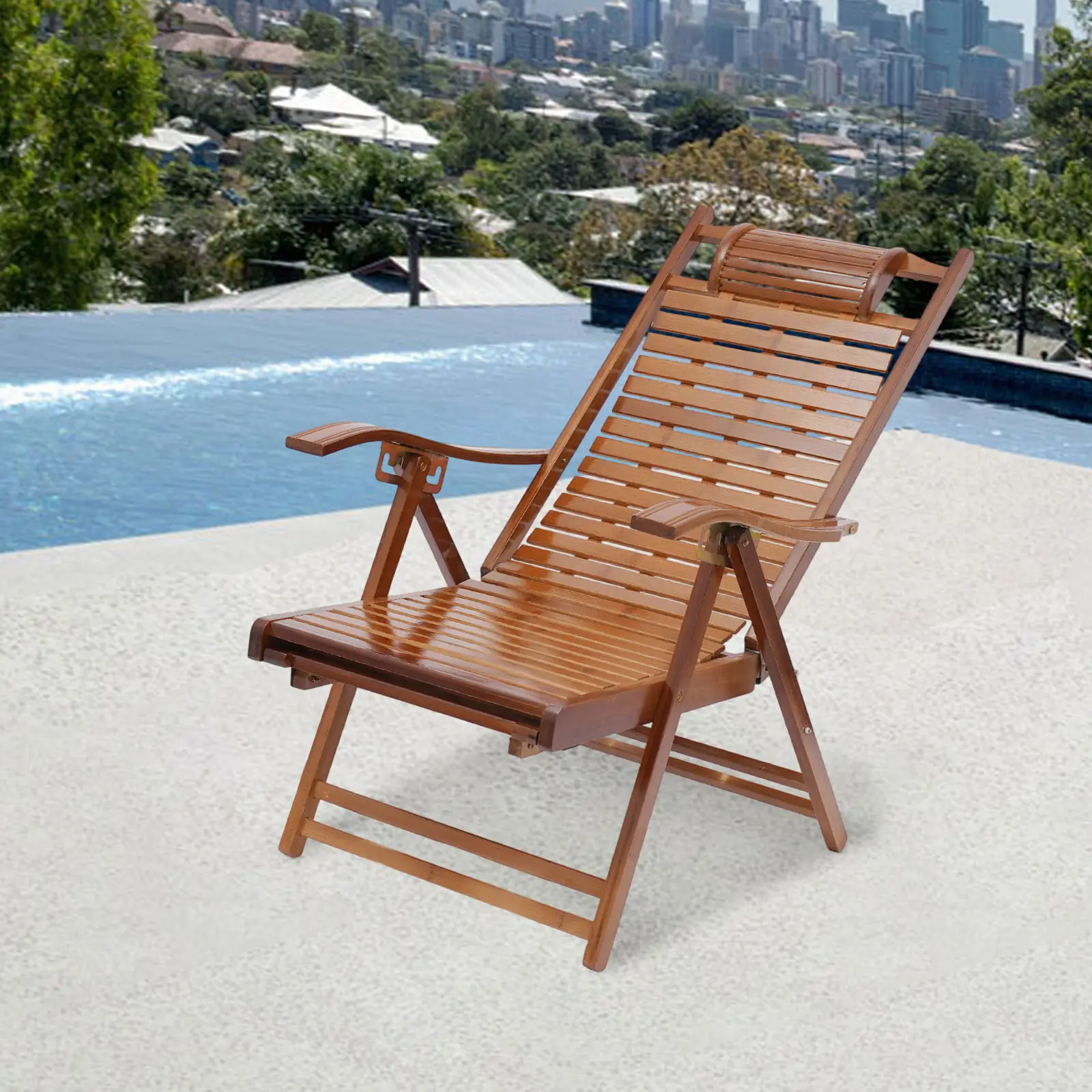 Modern Bamboo Folding Outdoor Chaise Lounger - 5-Gear 160° Adjustable Back, Retractable Footrest, High-Temp Press Floor Standing Patio Furniture for Terraces, Beach