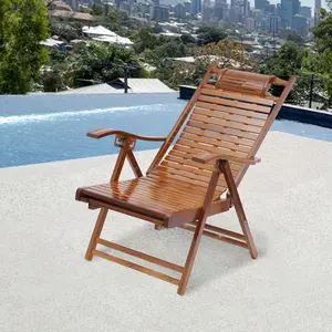 Bamboo Folding Lounge Chair - 5-Gear 160° Adjustable Recliner with Retractable Footrest
