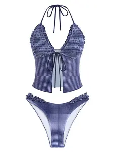 ZAFUL Tankini Swimsuits for Women Smocked Ruffles Tie Front Bowknot Textured High Cut Tanga Tankini Set